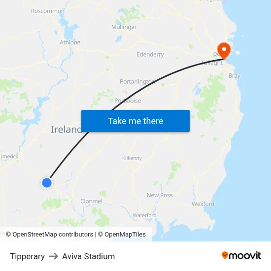 Tipperary to Aviva Stadium map