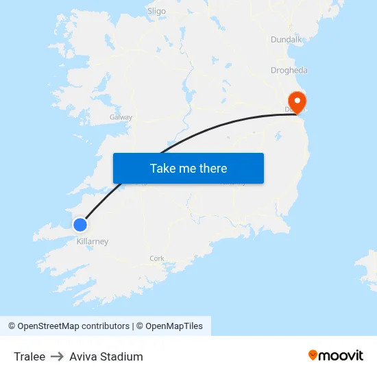 Tralee to Aviva Stadium map