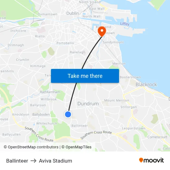 Ballinteer to Aviva Stadium map