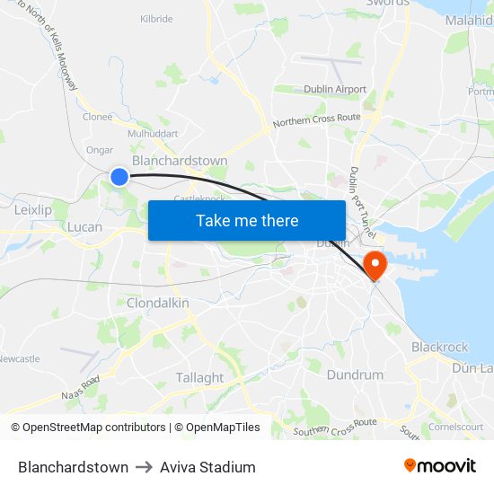 Blanchardstown to Aviva Stadium map