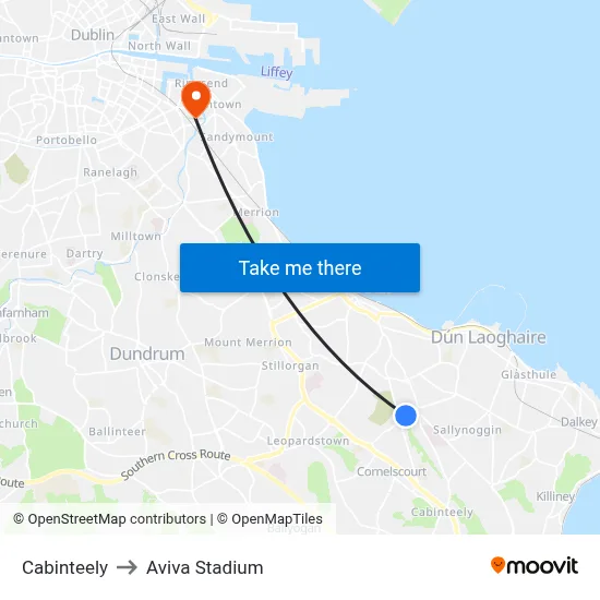 Cabinteely to Aviva Stadium map