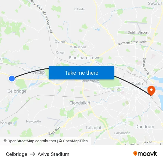 Celbridge to Aviva Stadium map