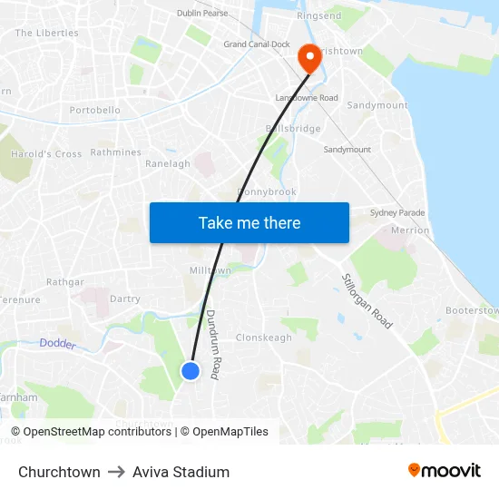 Churchtown to Aviva Stadium map
