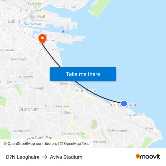 D?N Laoghaire to Aviva Stadium map