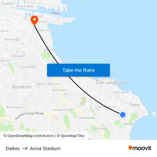 Dalkey to Aviva Stadium map