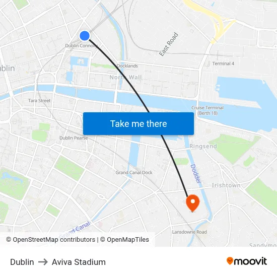 Dublin to Aviva Stadium map