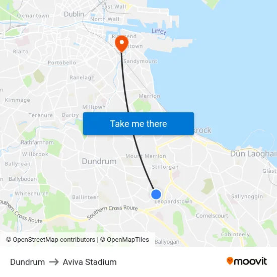Dundrum to Aviva Stadium map