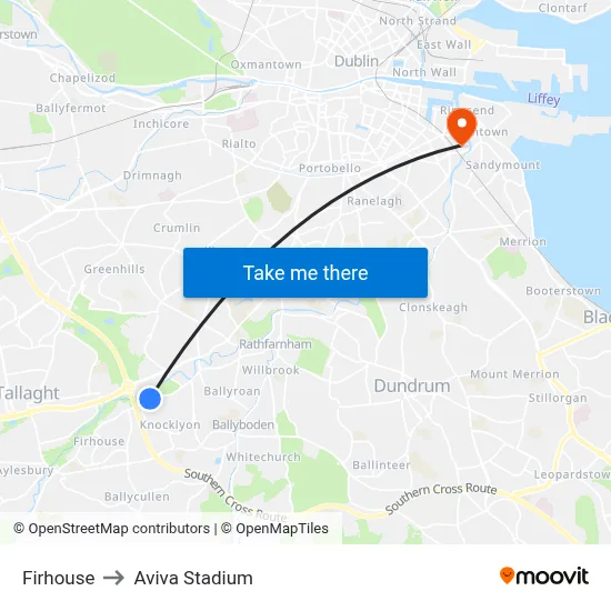 Firhouse to Aviva Stadium map