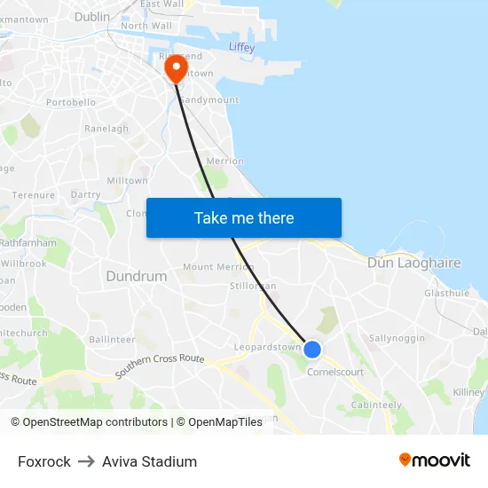 Foxrock to Aviva Stadium map