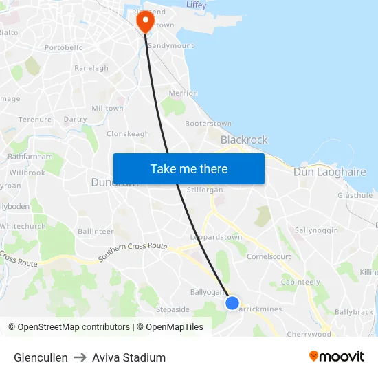 Glencullen to Aviva Stadium map