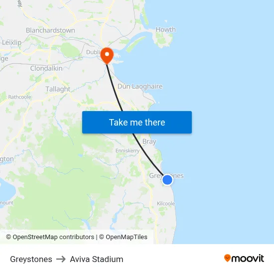 Greystones to Aviva Stadium map