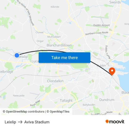 Leixlip to Aviva Stadium map