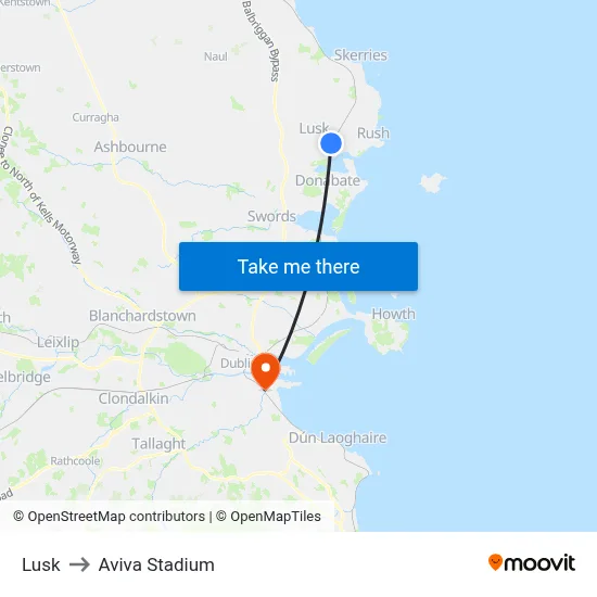 Lusk to Aviva Stadium map