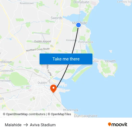 Malahide to Aviva Stadium map
