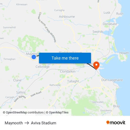 Maynooth to Aviva Stadium map