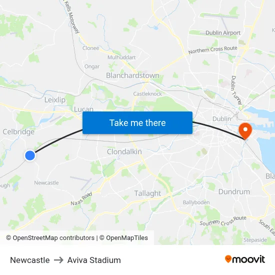 Newcastle to Aviva Stadium map