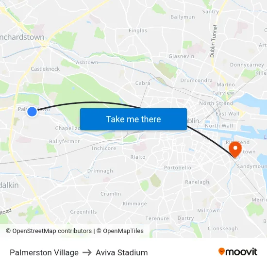 Palmerston Village to Aviva Stadium map