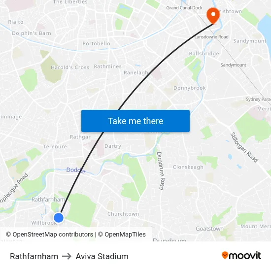 Rathfarnham to Aviva Stadium map