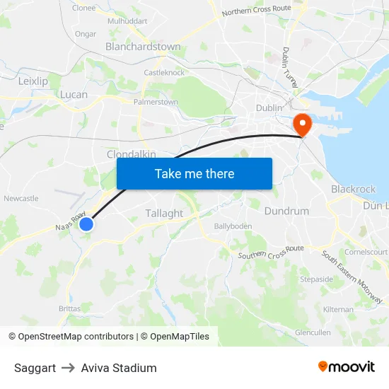 Saggart to Aviva Stadium map