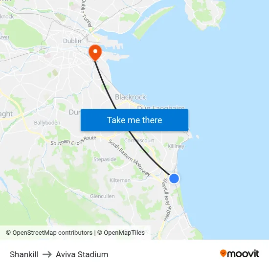 Shankill to Aviva Stadium map