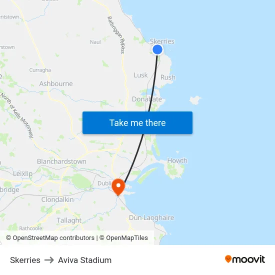 Skerries to Aviva Stadium map