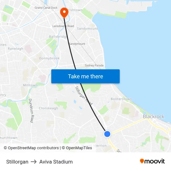 Stillorgan to Aviva Stadium map