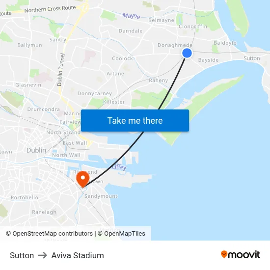Sutton to Aviva Stadium map