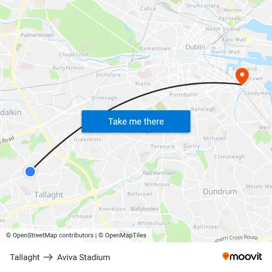 Tallaght to Aviva Stadium map