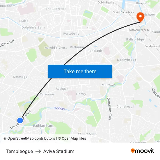 Templeogue to Aviva Stadium map