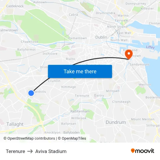 Terenure to Aviva Stadium map