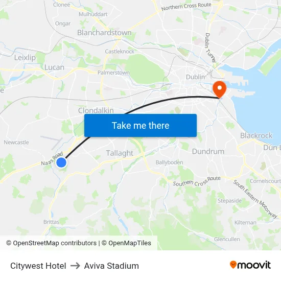 Citywest Hotel to Aviva Stadium map