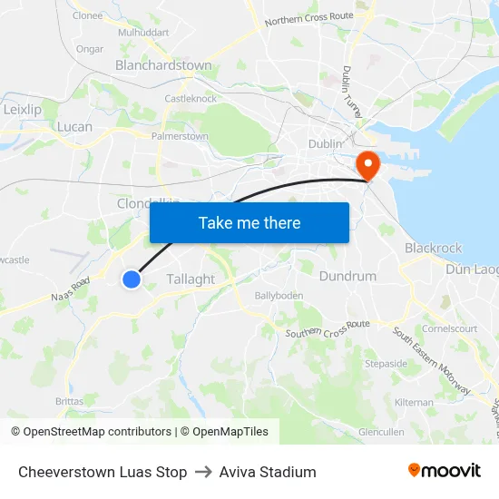 Cheeverstown Luas Stop to Aviva Stadium map