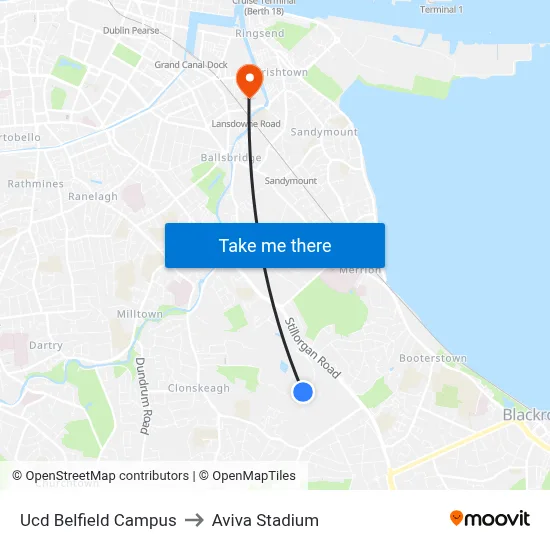 Ucd Belfield Campus to Aviva Stadium map