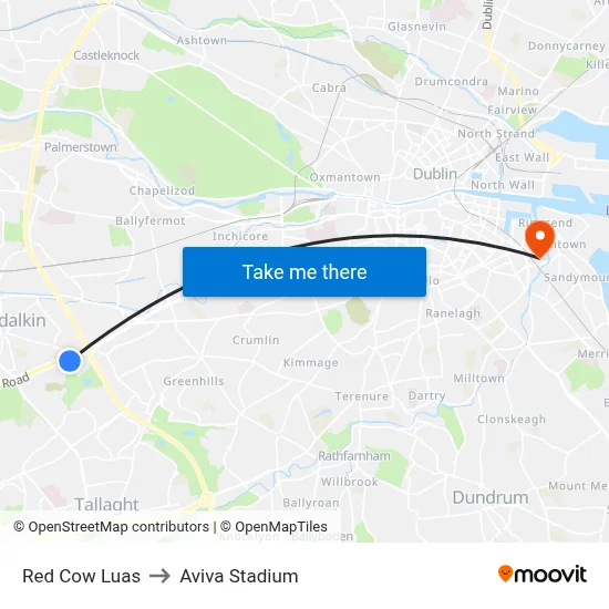Red Cow Luas to Aviva Stadium map