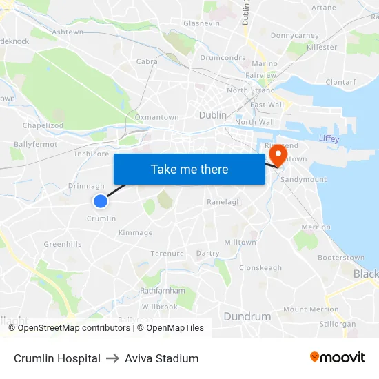 Crumlin Hospital to Aviva Stadium map
