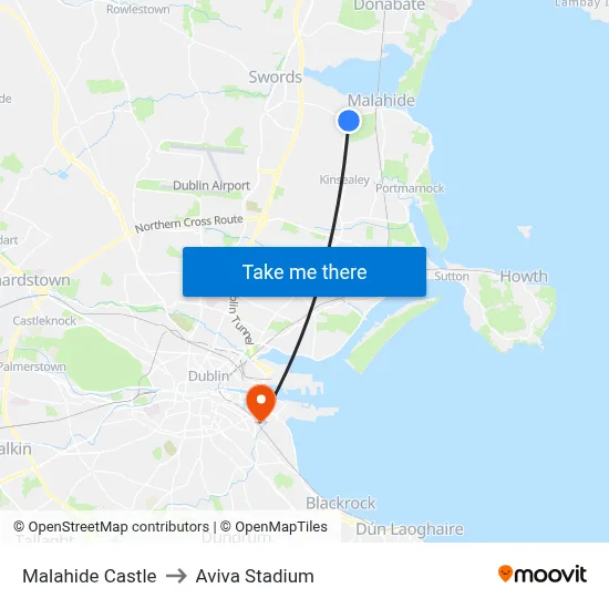 Malahide Castle to Aviva Stadium map