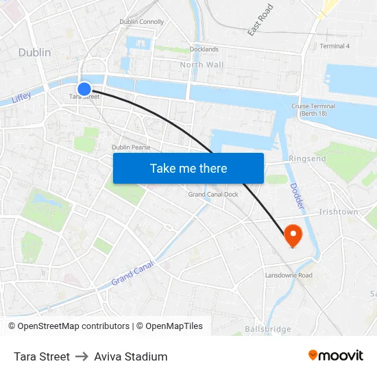Tara Street to Aviva Stadium map