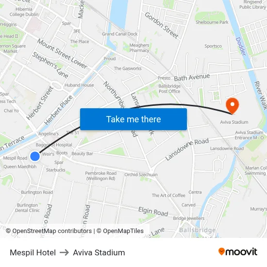 Mespil Hotel to Aviva Stadium map