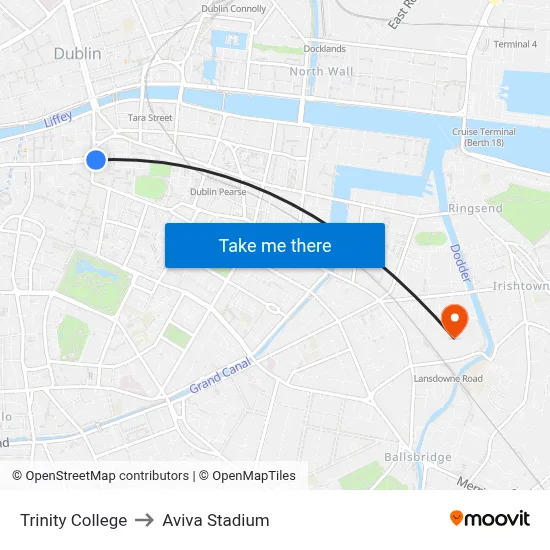 Trinity College to Aviva Stadium map