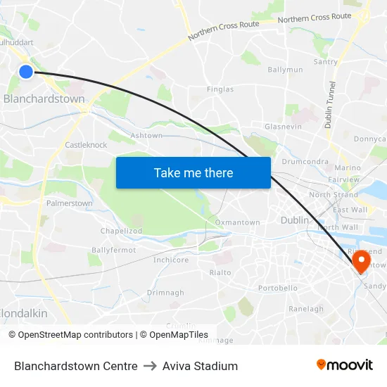 Blanchardstown Centre to Aviva Stadium map