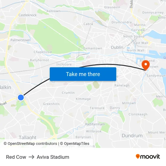 Red Cow to Aviva Stadium map