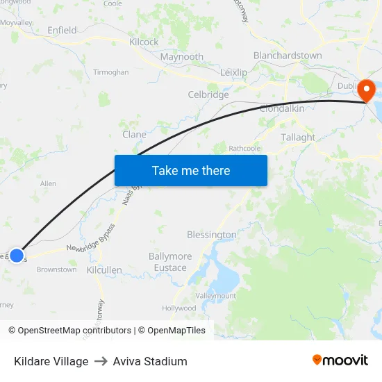 Kildare Village to Aviva Stadium map