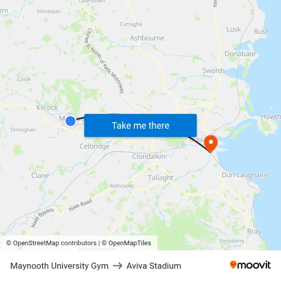 Maynooth University Gym to Aviva Stadium map