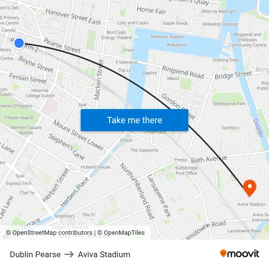 Dublin Pearse to Aviva Stadium map