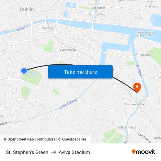 St. Stephen's Green to Aviva Stadium map