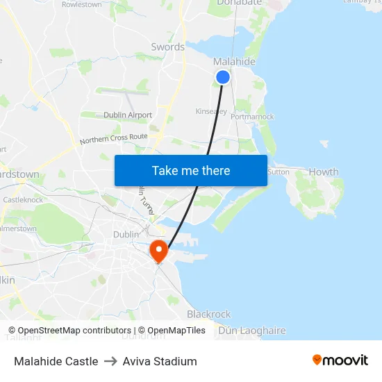 Malahide Castle to Aviva Stadium map