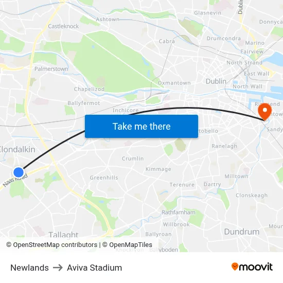 Newlands to Aviva Stadium map