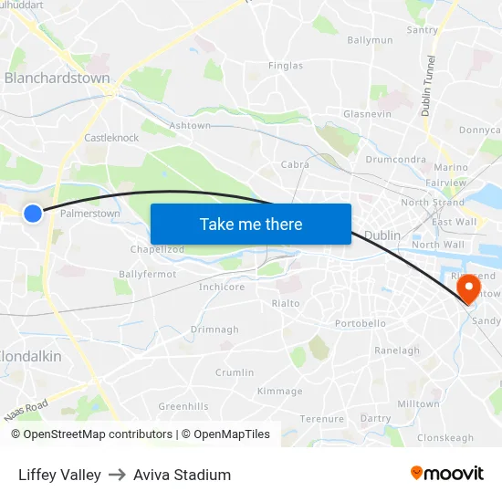 Liffey Valley to Aviva Stadium map