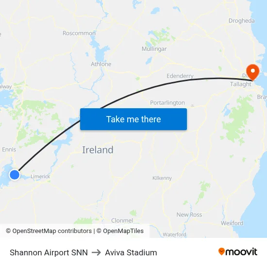 Shannon Airport SNN to Aviva Stadium map