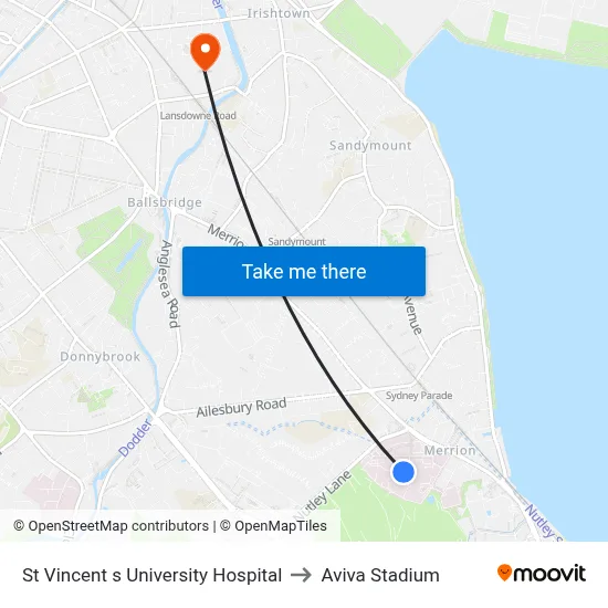 St Vincent s University Hospital to Aviva Stadium map